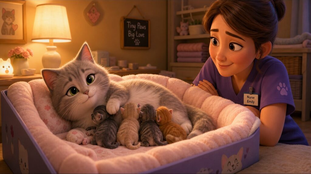 Уютная родильная коробочка с новорожденными малышами, ветеринар помогает и контролирует